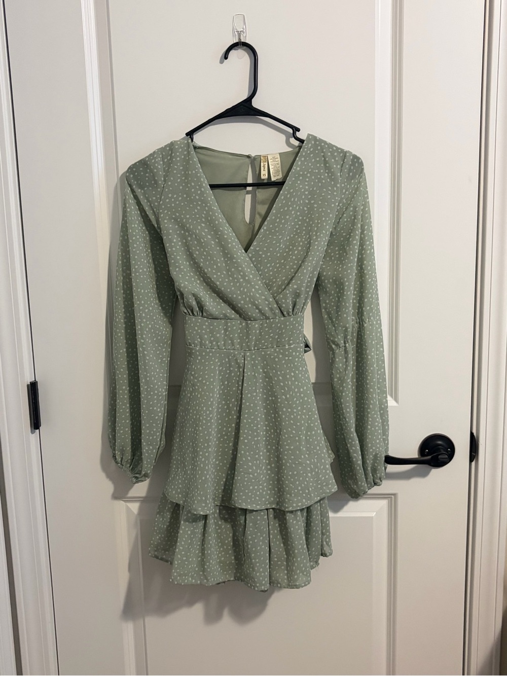 Japna Sage Green Long Sleeve Wrap Tiered Mini Dress with built in shorts